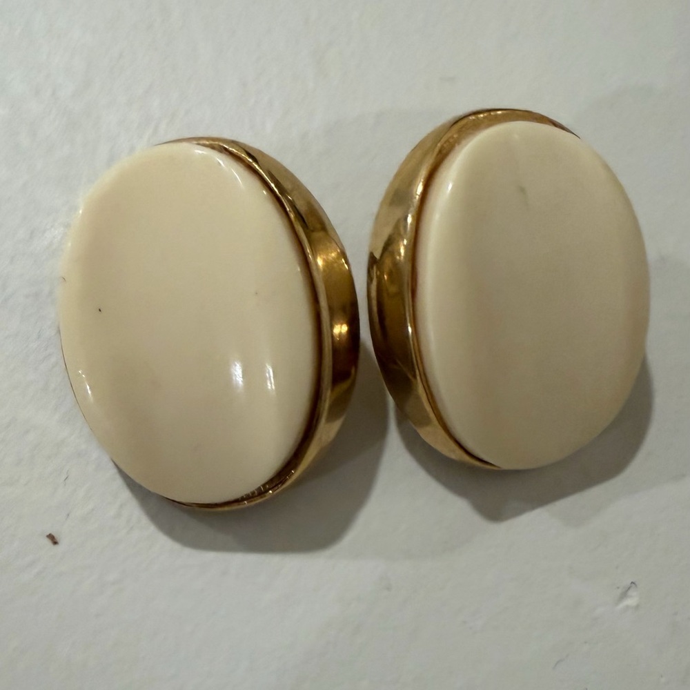 Gold-Tone Cream Oval Clip Earrings
